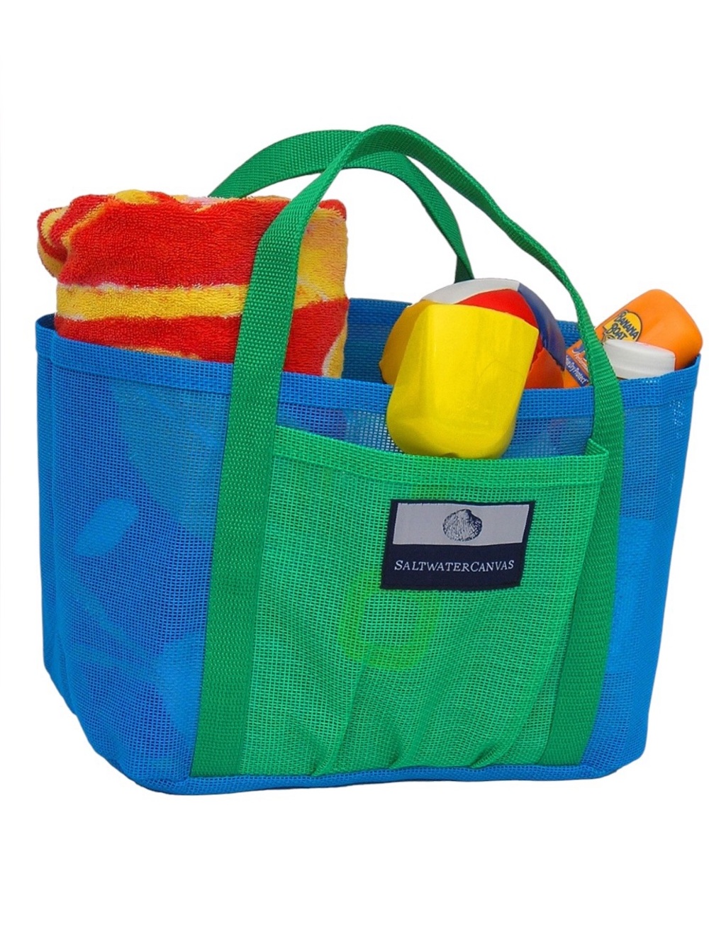 Saltwater Canvas Kids Minnow Mesh Beach Bag Tote in Green and Blue